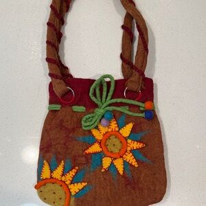 Handcrafted Floral Brown Wool Shoulder Bag NWOT